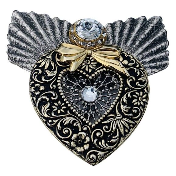 Vintage Jane Crystal Glass Large Gold Silver Tone Angel Heart Paisley Brooch - Picture 4 of 6